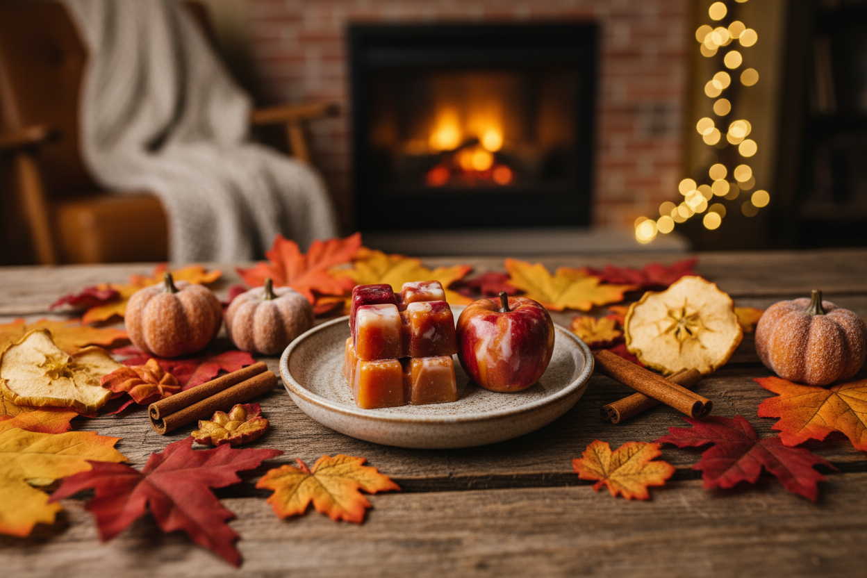 apple maple bourbon themed wax melt in a fall decor themed background please