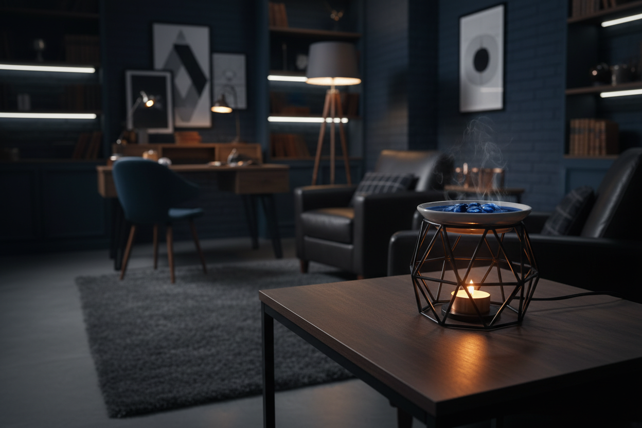 "black sea" wax melt warmer and melted in a masculine room