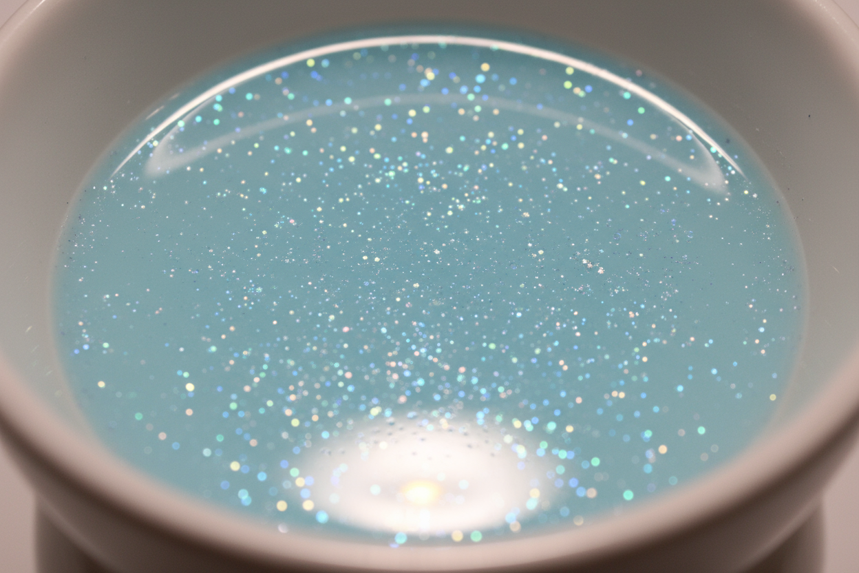 light blue melted wax in warmer with glitter in it