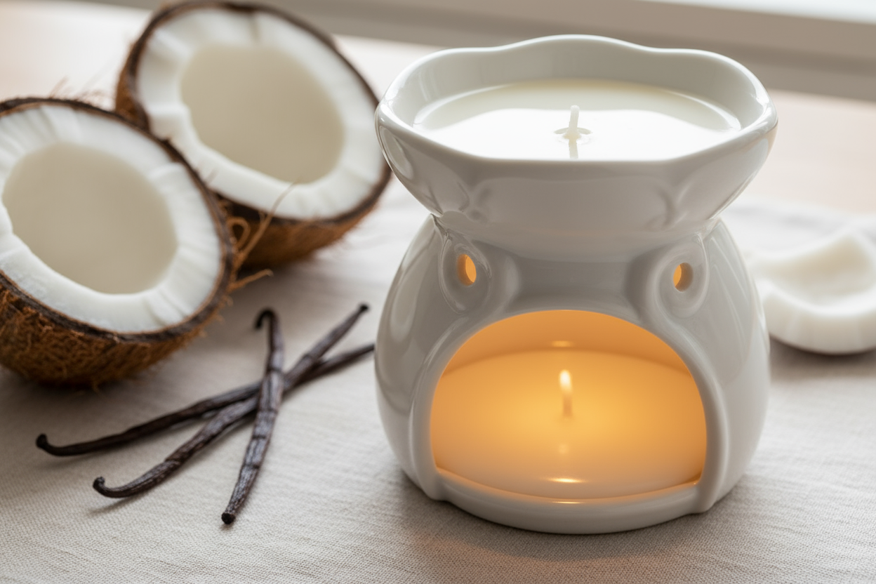 WHITE WAX MELTED IN WARMER WITH COCONUTS AND VANILLA IN BACKGROUND