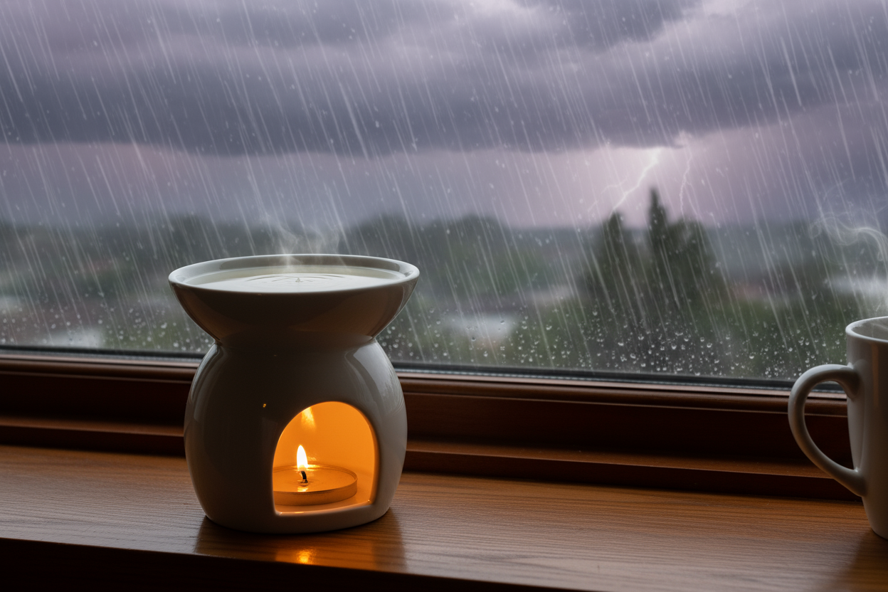 a plain white wax melted in a warmer in a rainstorm background\