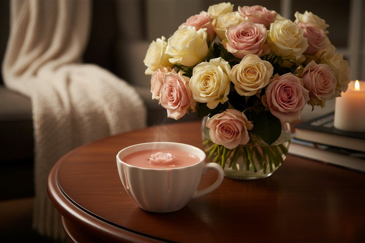 light pink wax melted in a warmer with a rose bouquet nearby