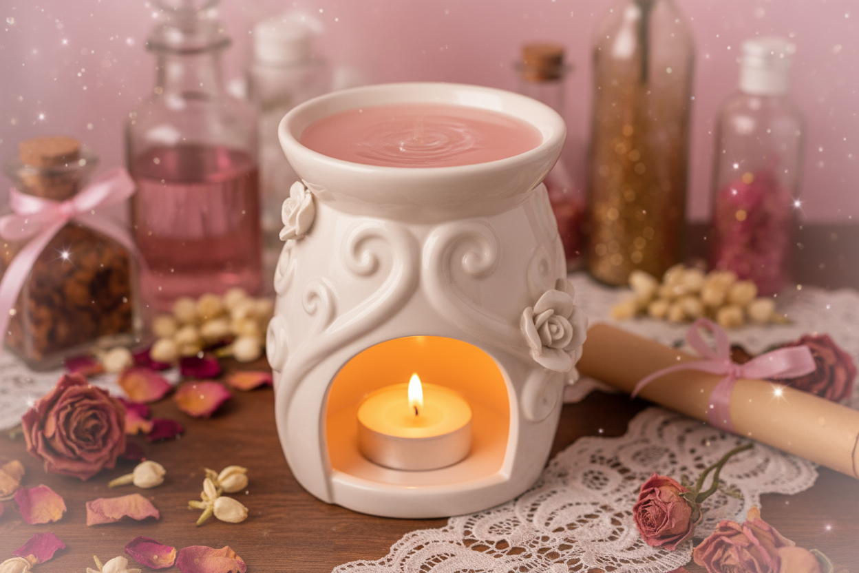 light pink wax melted in warmer with a lovespell background