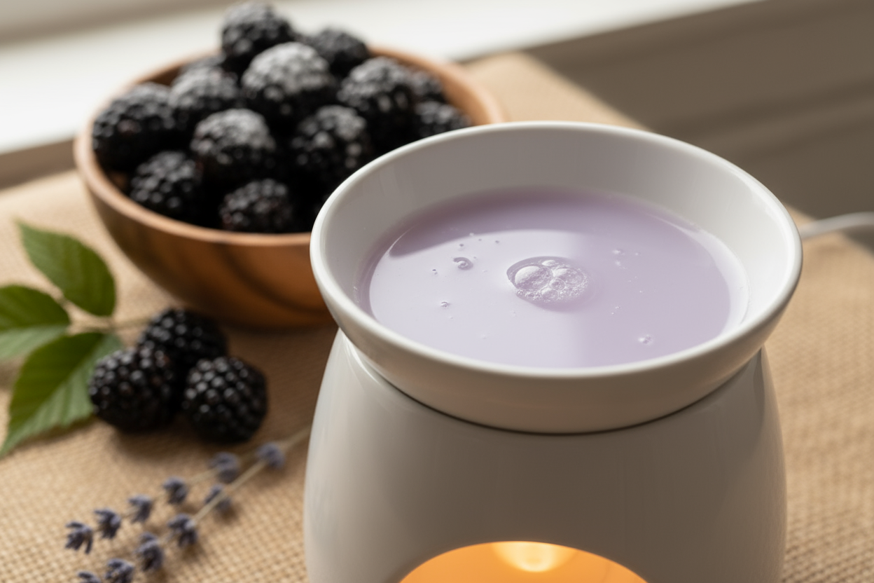 light purple wax melted in warmer with blackberries in the background