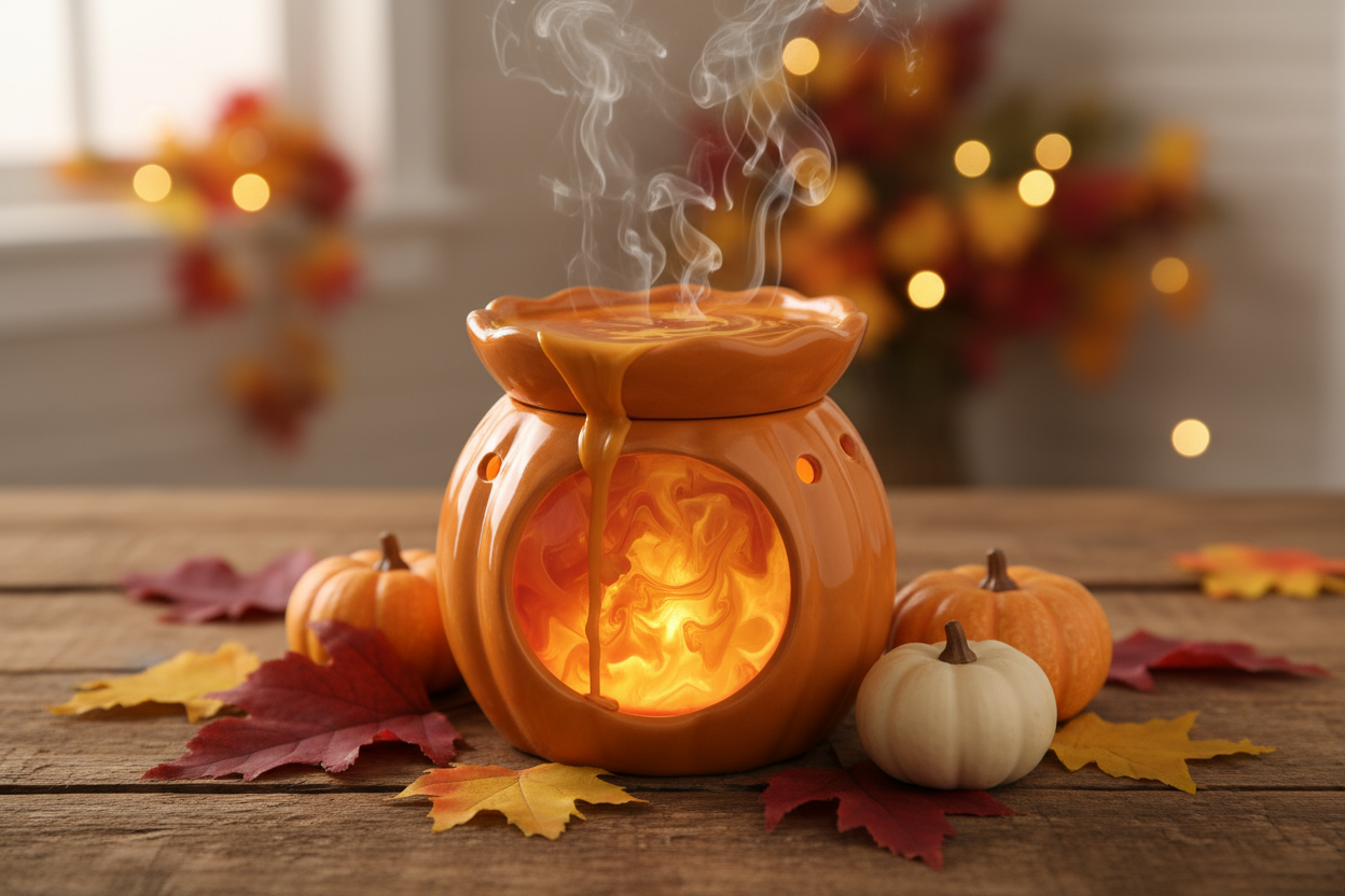 melted pumkin pie colored wax melt in warmer, in a fall background