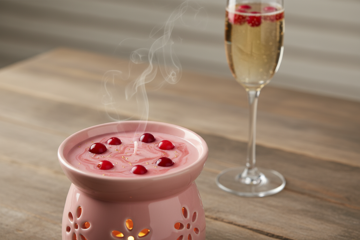 pink wax melted in warmer with cranberries and champagne glass in background